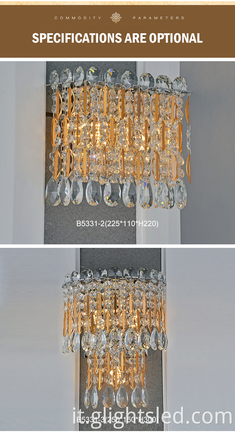 Nuovo design in acciaio inox camera da letto in alluminio lobby interna K9 cristallo Led lampada da parete